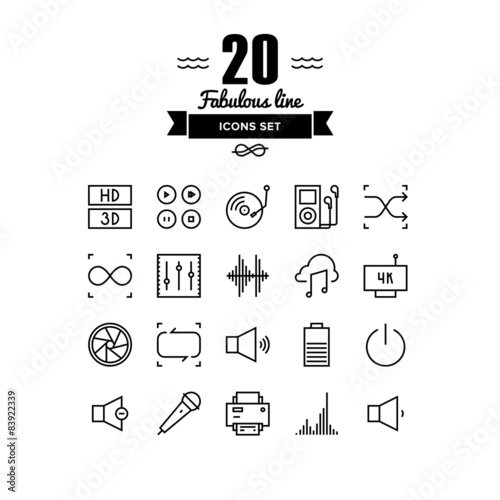 Multimedia elements line icons set