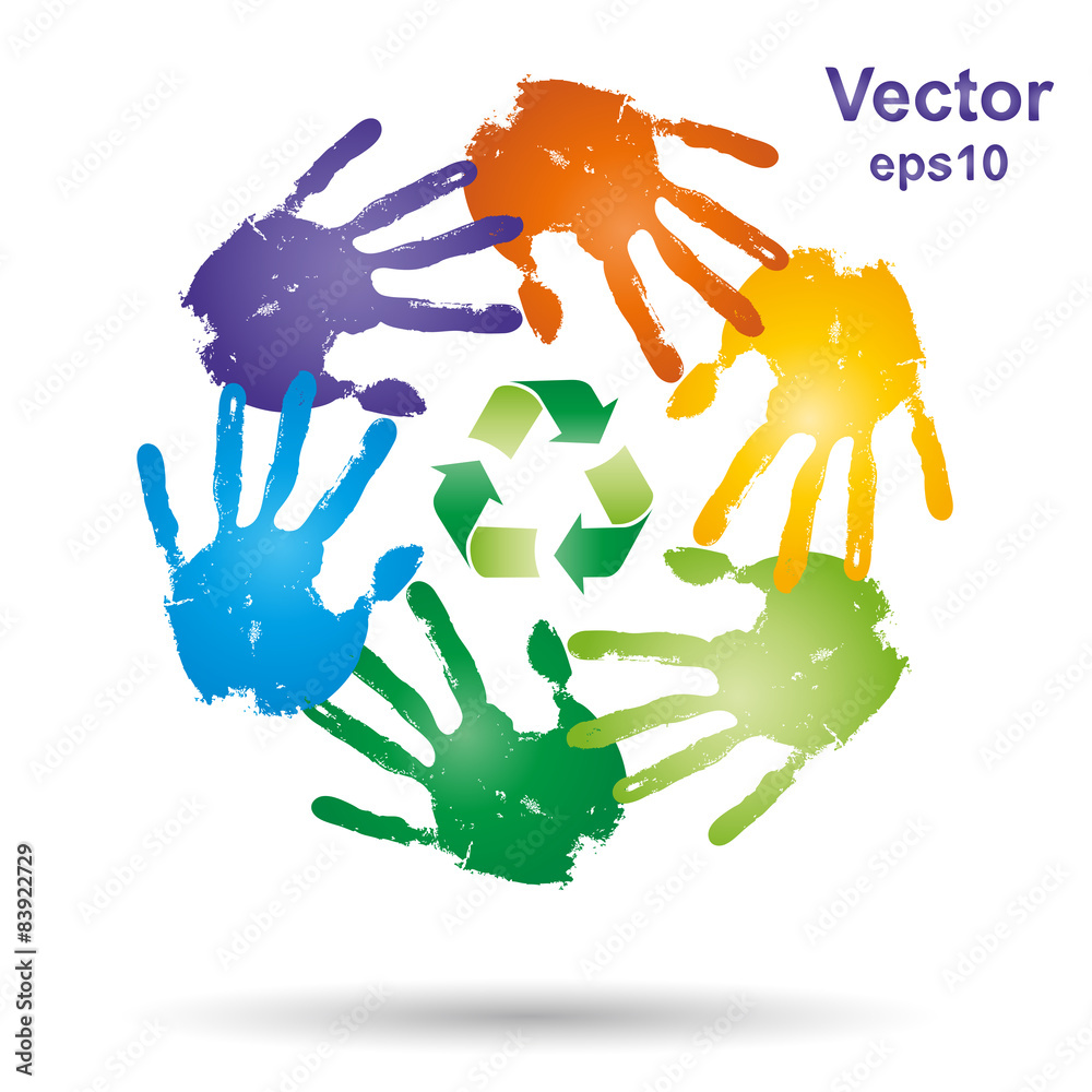 Vector conceptual children painted hand print and recycle symbol Vector conceptual children painted hand print and recycle symbol