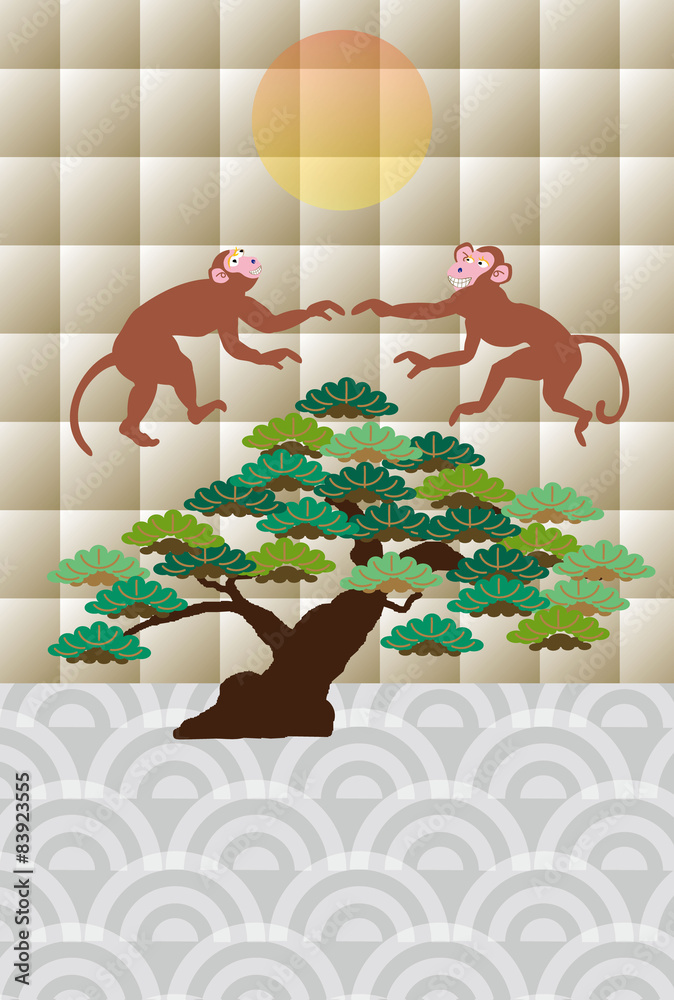 二匹の猿と松の木の和風イラスト素材 Stock Illustration Adobe Stock