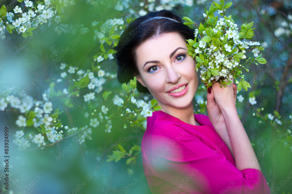 portrait of beautiful woman in blooming cherry tree garden portrait of beautiful woman in blooming cherry tree garden