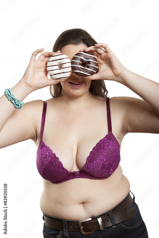 Mollige Frau mit zwei leckeren süßen Donuts in ihren Händen Stock Photo |  Adobe Stock