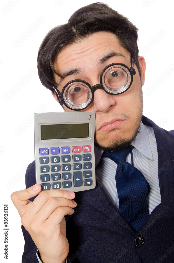 Funny man with calculator isolated on white Funny man with calculator isolated on white