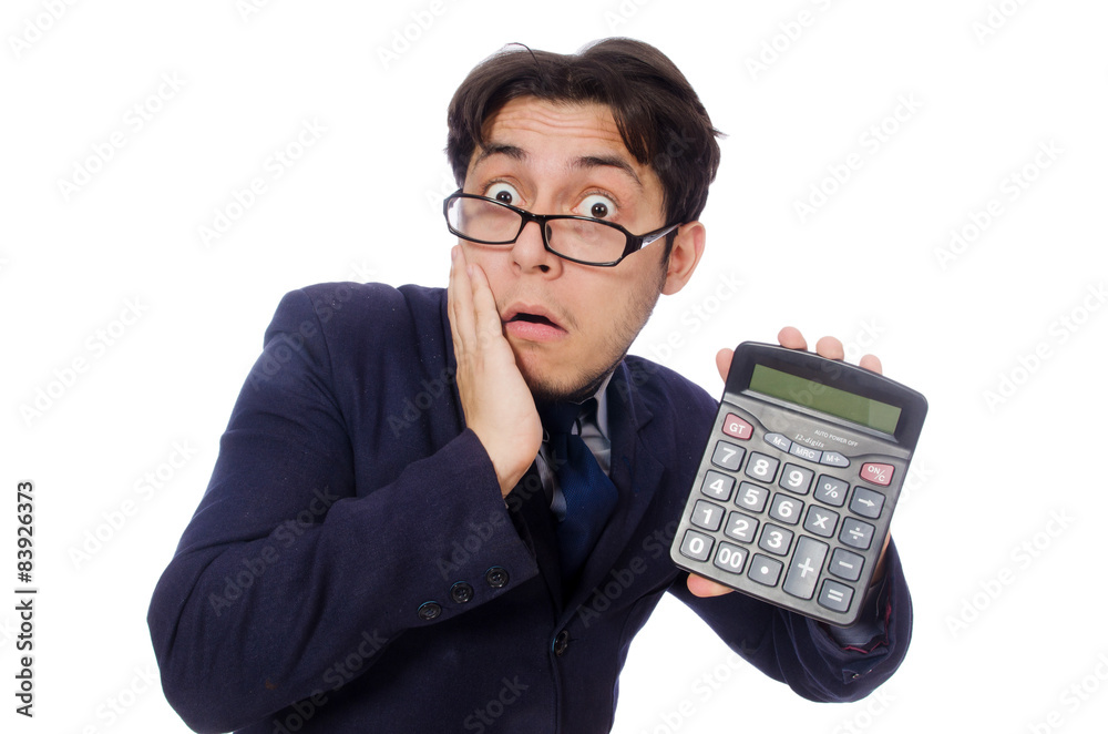 Funny man with calculator isolated on white Funny man with calculator isolated on white