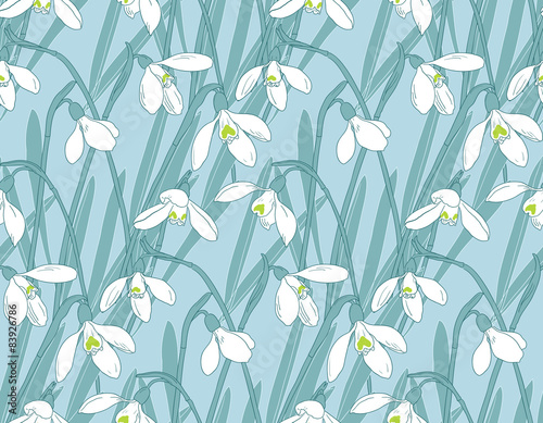 Snowdrops spring seamless background. Hand-drawn vector 