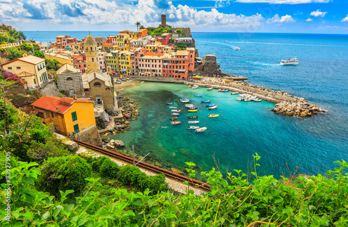 Colorful boats in the bay,Vernazza,Cinque Terre,Italy,Europe