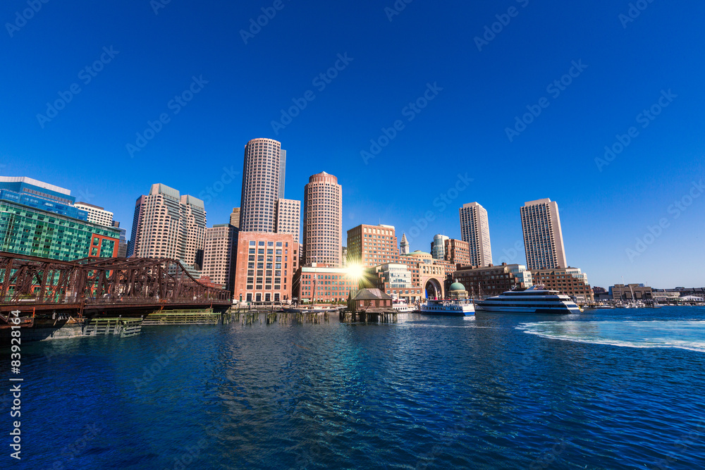 Boston skyline from Fan Pier sunlight Massachusetts Boston skyline from Fan Pier sunlight Massachusetts