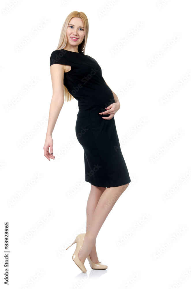 Pretty pregnant woman in black dress isolated on white Pretty pregnant woman in black dress isolated on white
