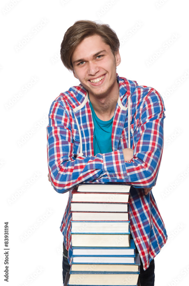 Funny student with books isolated on white Funny student with books isolated on white