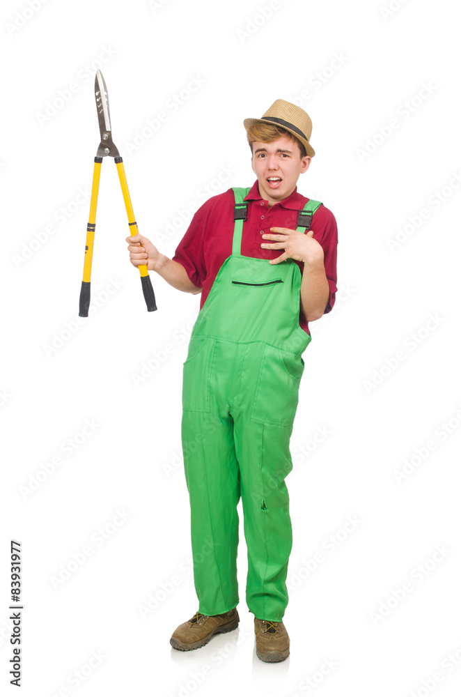 Man with shears isolated on white Man with shears isolated on white