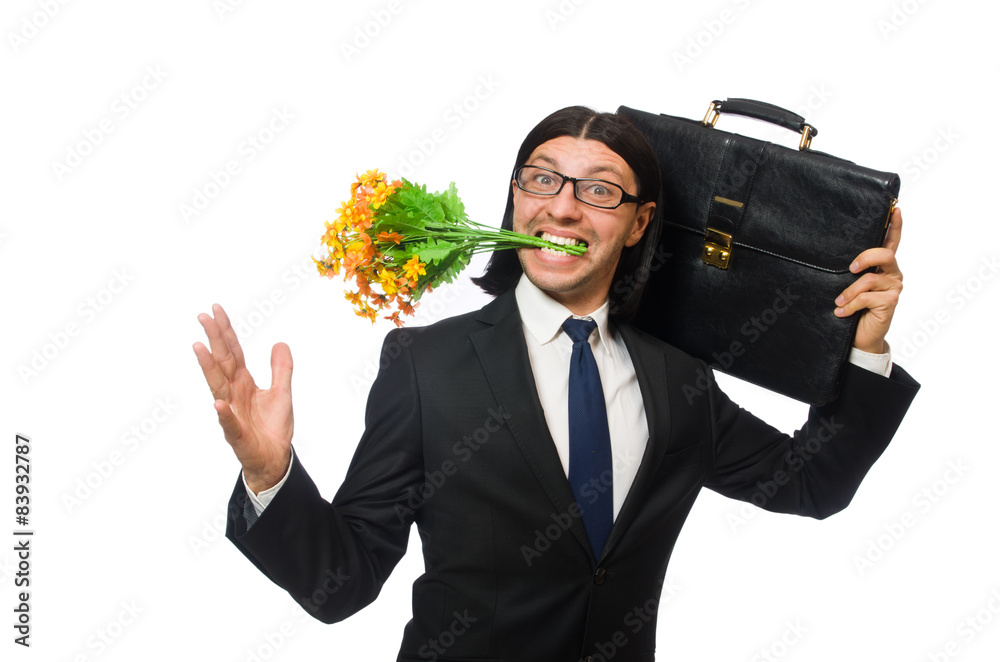 Handsome businessman with flower and brief case isolated on Handsome businessman with flower and brief case isolated on