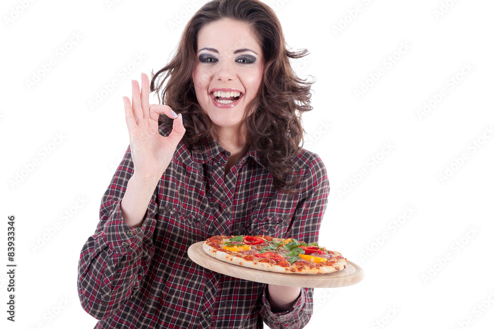 Frau mit Pizza zeigt OK Zeichen Porträt Frau mit Pizza zeigt OK Zeichen Porträt