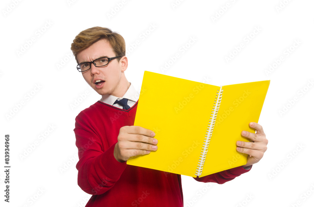 Student with paper isolated on white