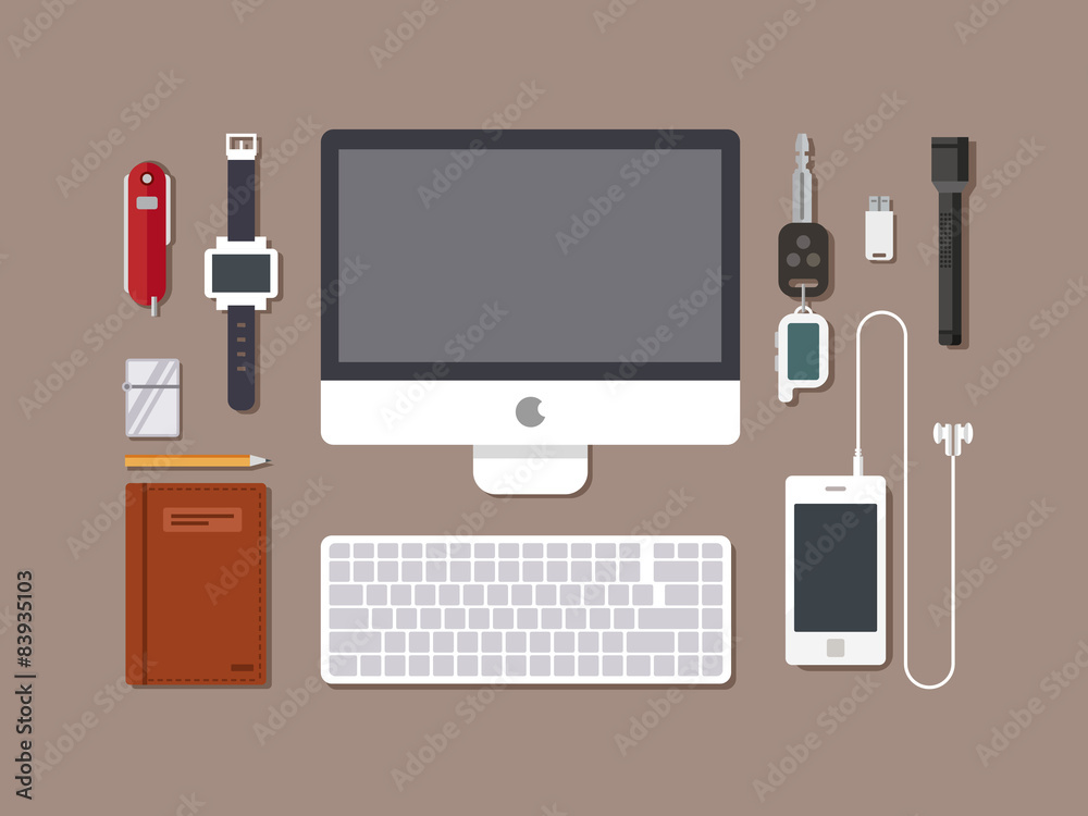 Office workspace. Top view of desk workplace with computer. Office workspace. Top view of desk workplace with computer.