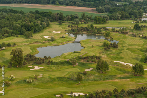 Aerial view over golf field