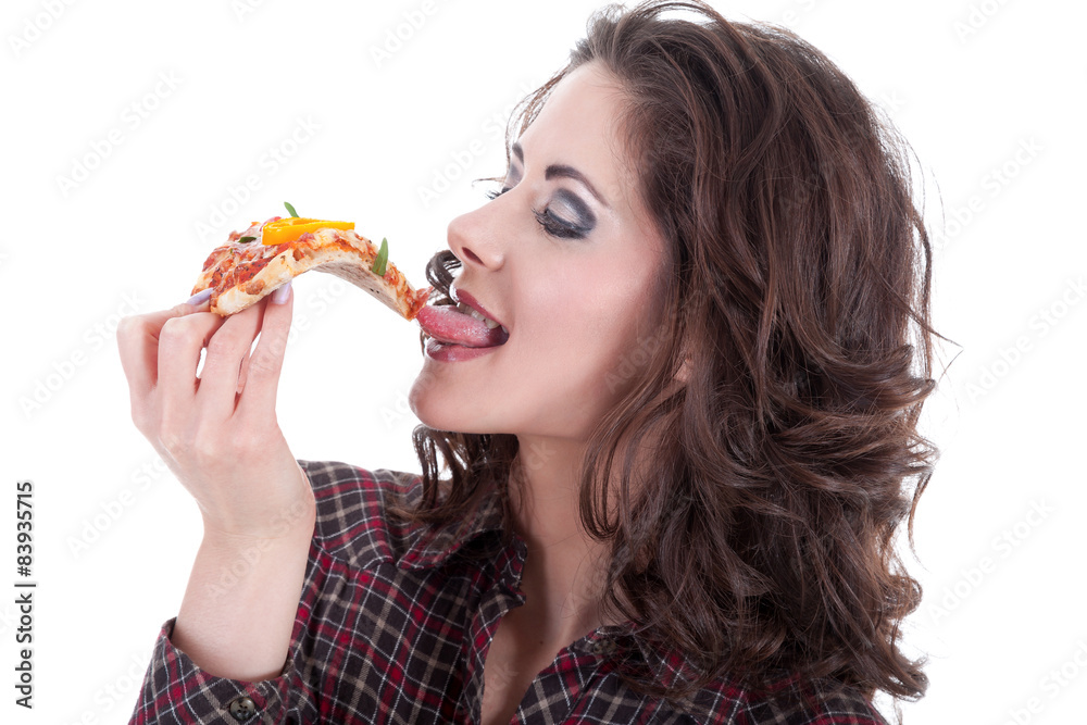 Frau Gesicht genießt Pizza Porträt Frau Gesicht genießt Pizza Porträt
