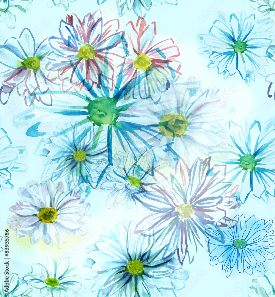 Seamless daisies watercolor pattern, toned