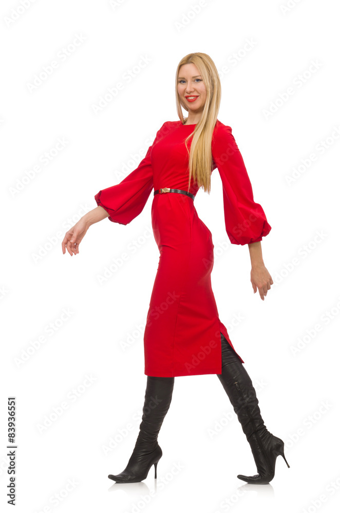 Beautiful woman in red long dress isolated on white Beautiful woman in red long dress isolated on white