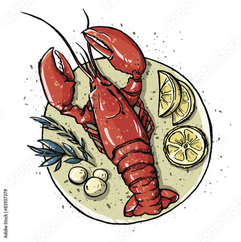 Lobster on a dish.  Seafood. Vector illustration