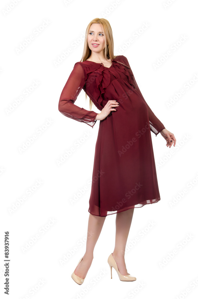 Pretty pregnant woman in red dress isolated on white Pretty pregnant woman in red dress isolated on white