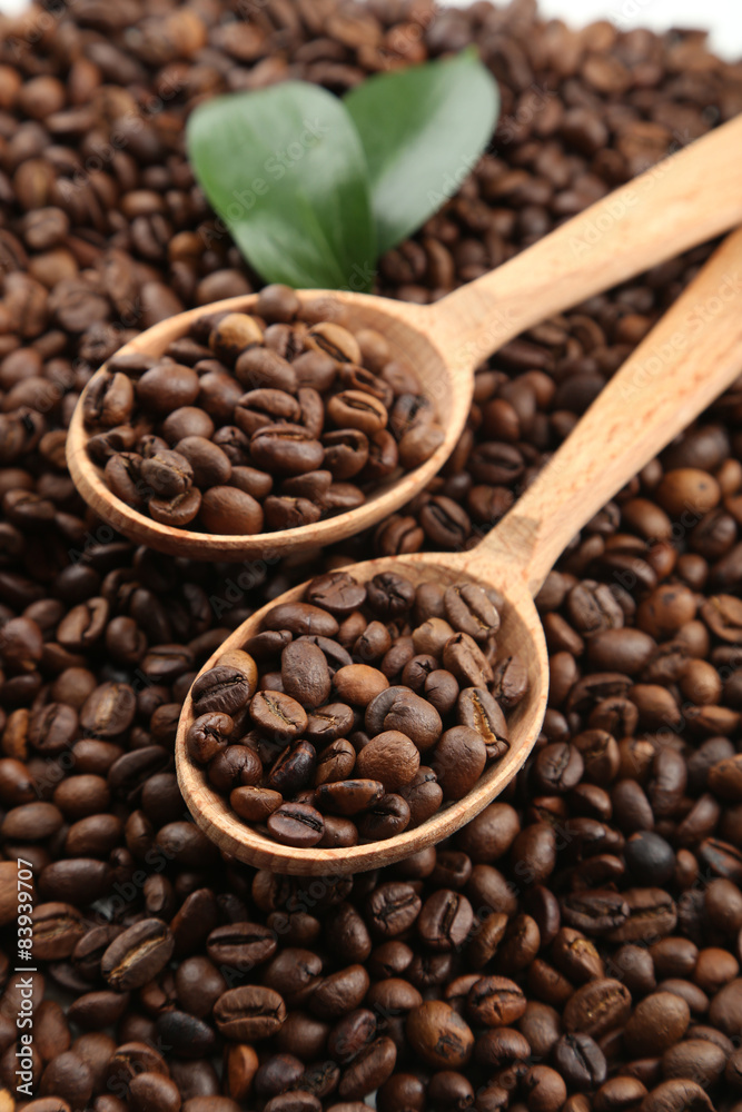 Coffee beans with leaves in wooden spoon Coffee beans with leaves in wooden spoon