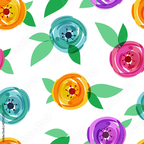 Vector seamless pattern with abstract multicolor rose flower and