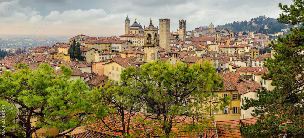 Panoramic cityscape view of Bergamo old town, Italy