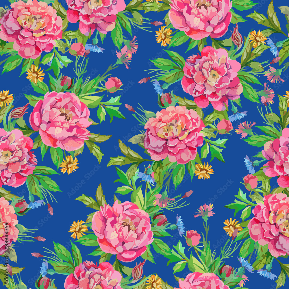 seamless pattern of peony flowers with leaves and smaller flower