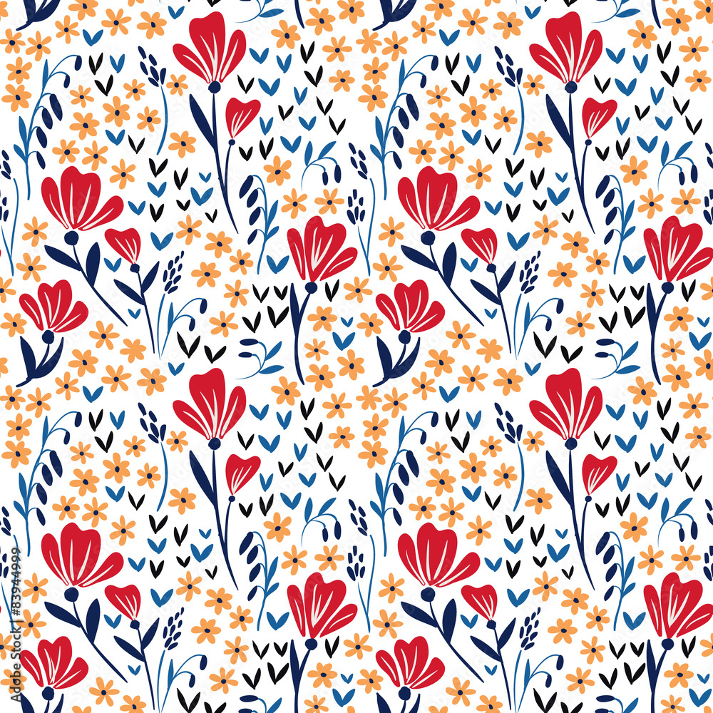 Seamless vector pattern with red and yellow flowers on white