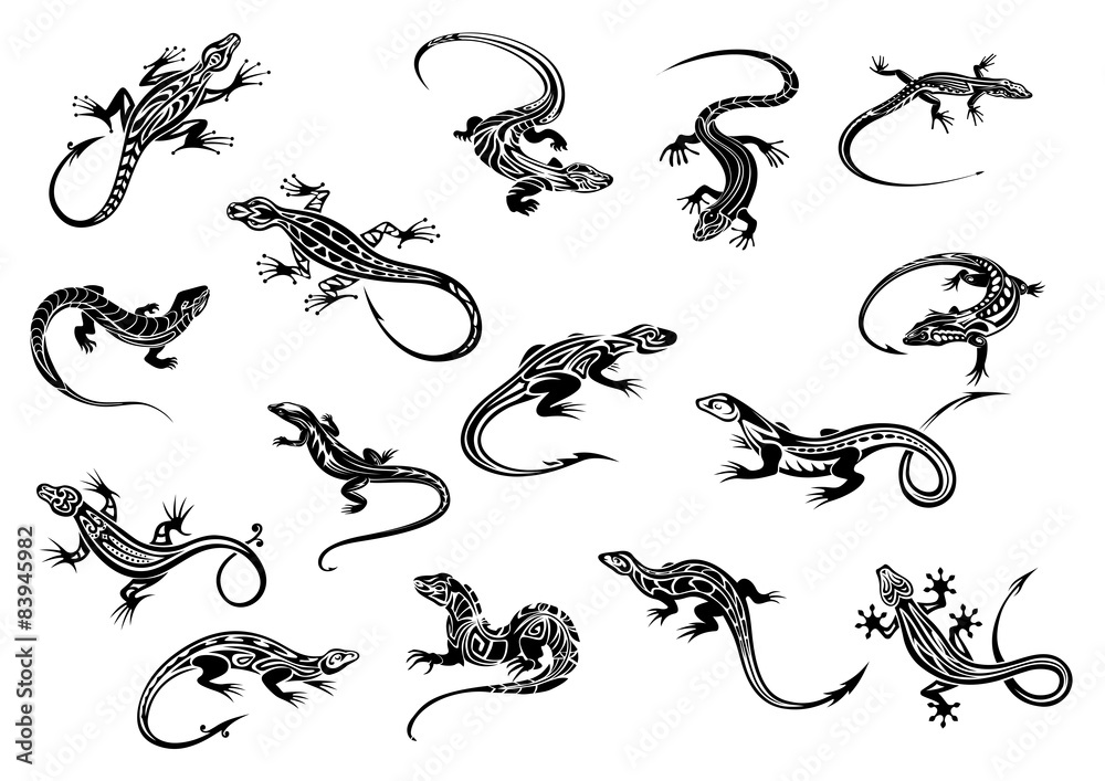 Naklejka premium Gady czarne jaszczurki do projektowania tatuaży