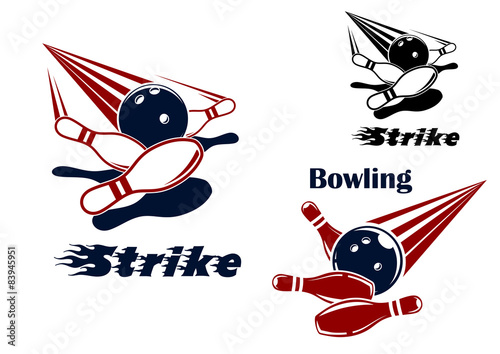 Bowling strike emblems with balls and ninepins
