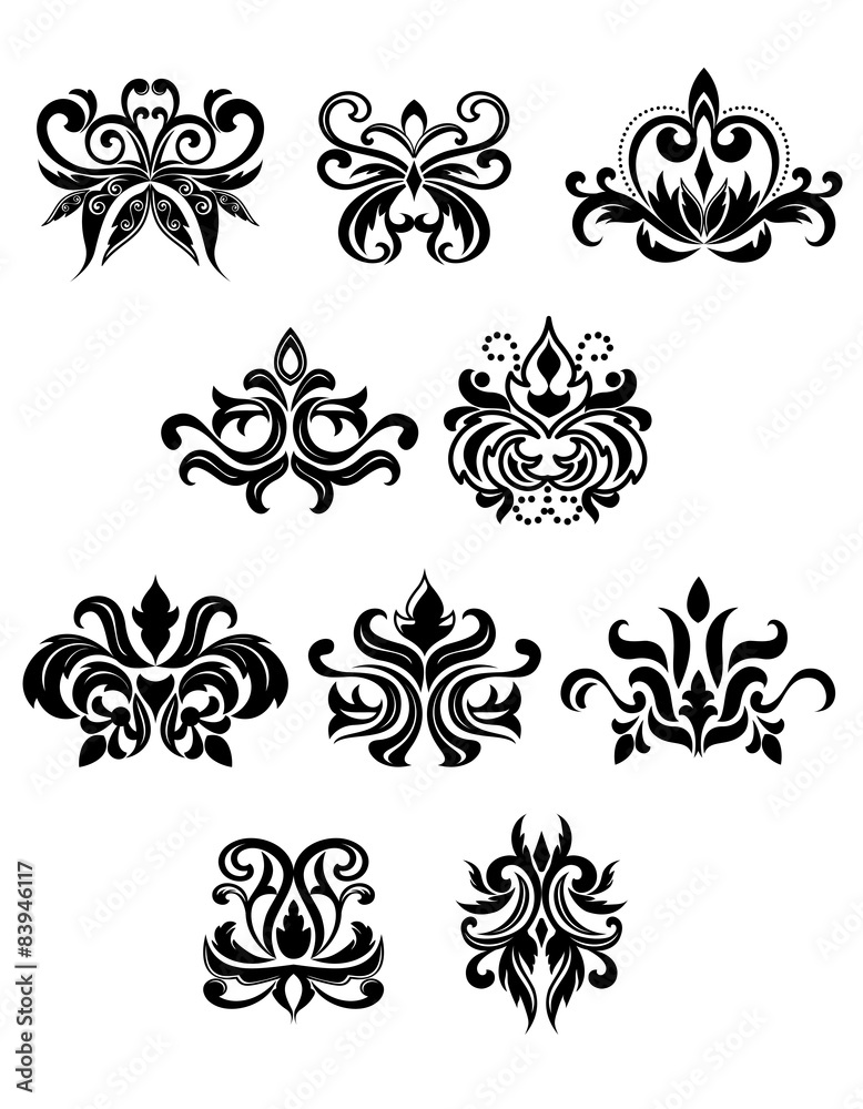 Damask black flowers set with buds Damask black flowers set with buds