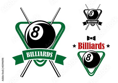 Pool emblems with balls, cues, triangle racks