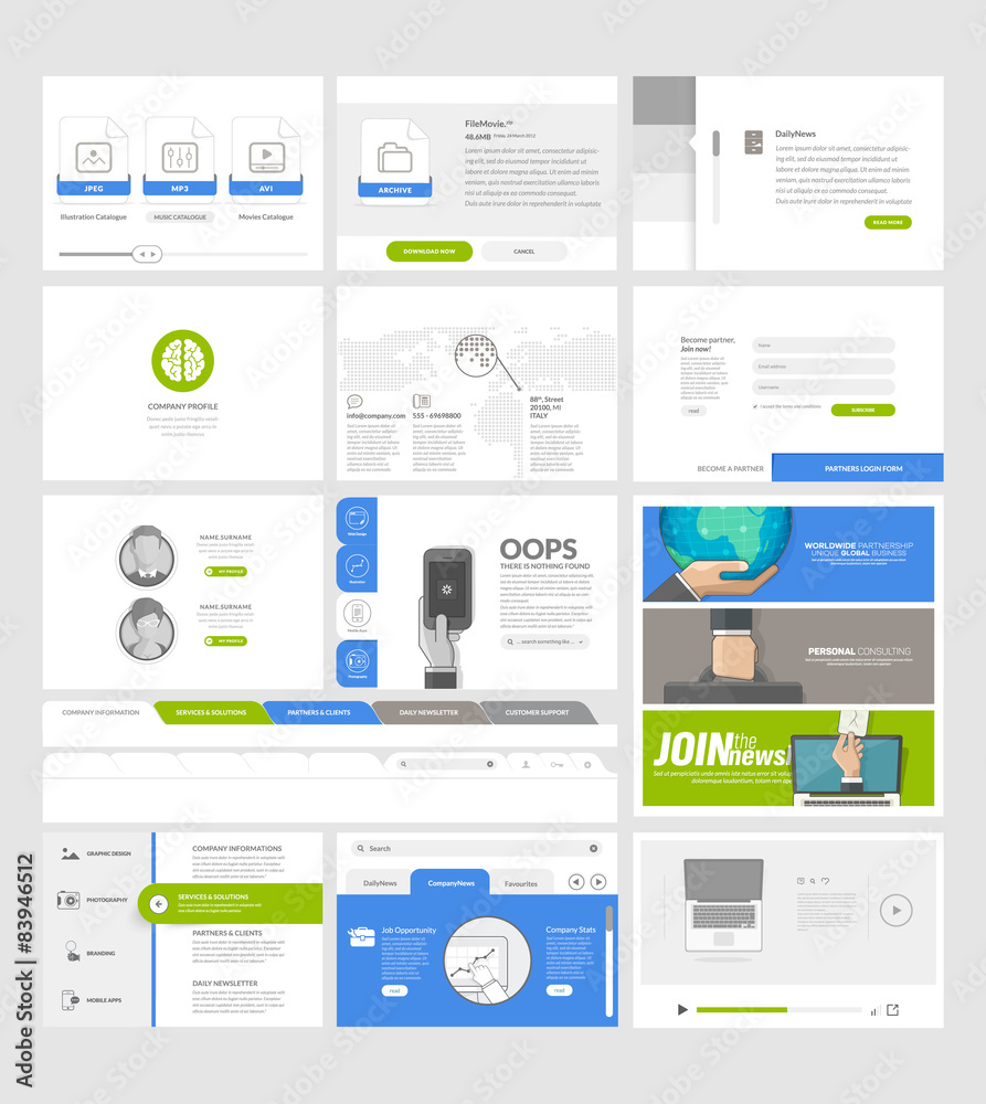 website template elements for business with  icons and banners