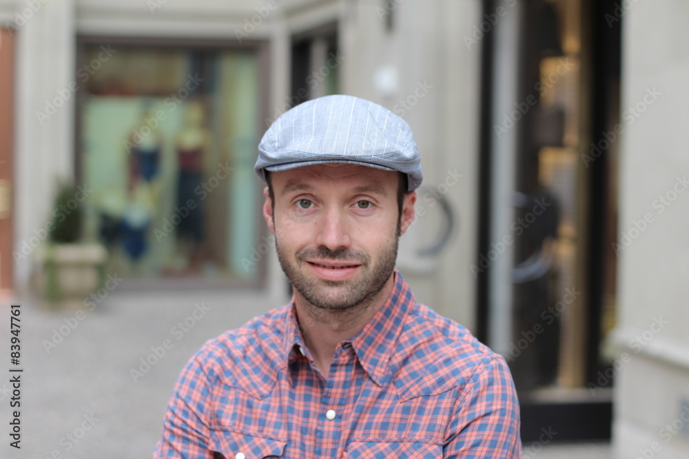 Portrait of a smiling man in newsboy hat looking to camera Portrait of a smiling man in newsboy hat looking to camera