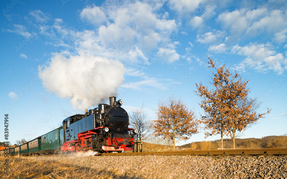 Historical steam train on island Rugen in North-Eastern Germany