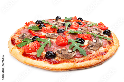 Tasty, flavorful pizza isolated on white background