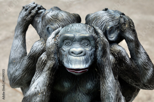 Three wise monkeys or Three Mystic Apes sacred ancient icon