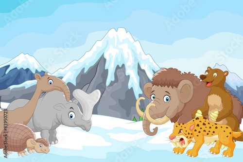 Collection of ice age animals on mountain background 