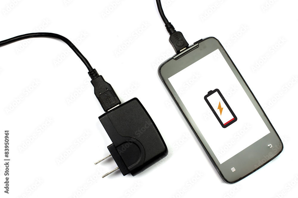 cellphone and charger on white background, isolated cellphone and charger on white background, isolated