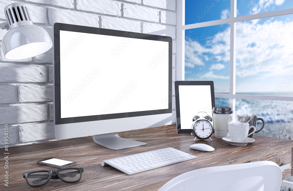 Fototapeta premium 3D illustration PC screen on table in office, Workspace