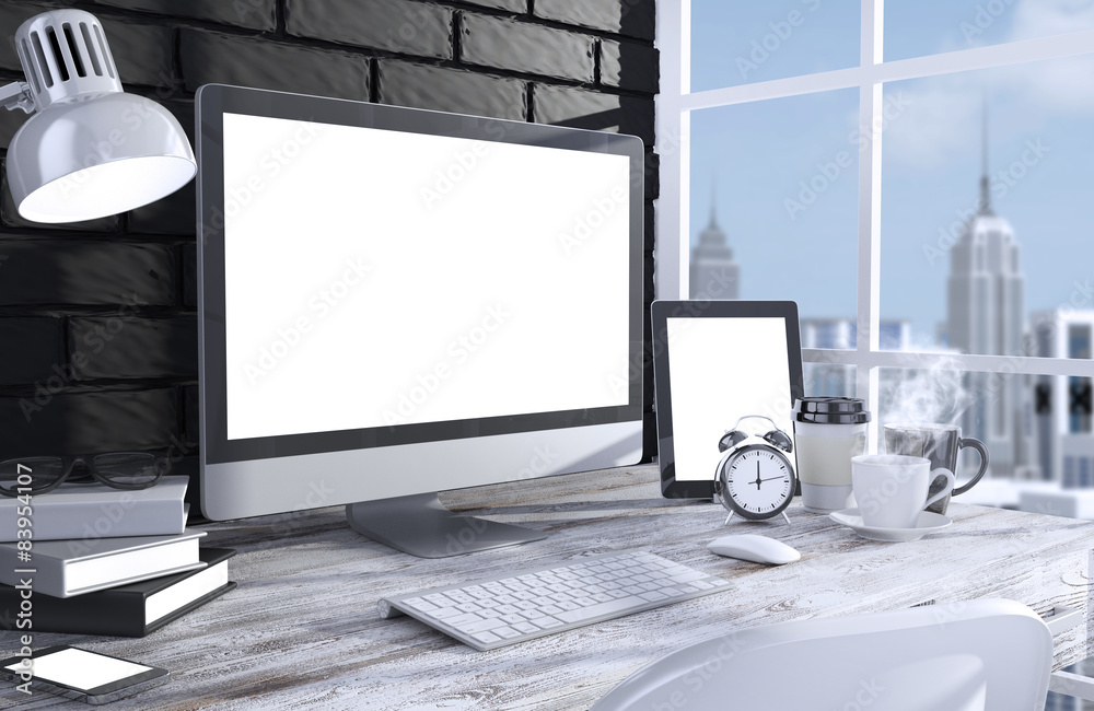 Fototapeta premium 3D illustration PC screen on table in office, Workspace