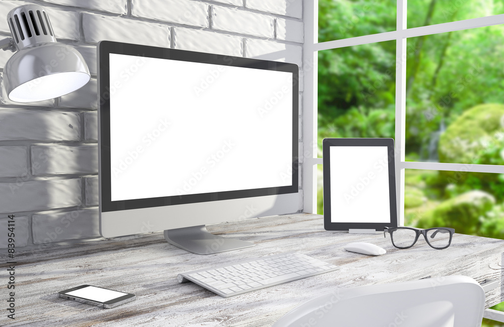Fototapeta premium 3D illustration PC screen on table in office, Workspace
