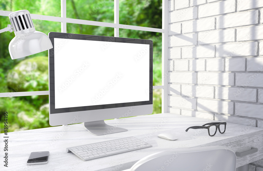 Fototapeta premium 3D illustration PC screen on table in office, Workspace