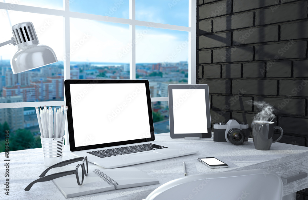 Fototapeta premium 3D illustration laptopand work stuff on table near brick wall