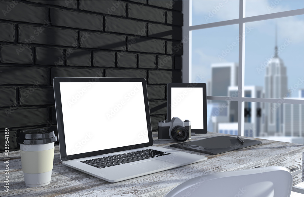 Fototapeta premium 3D illustration laptopand work stuff on table near brick wall
