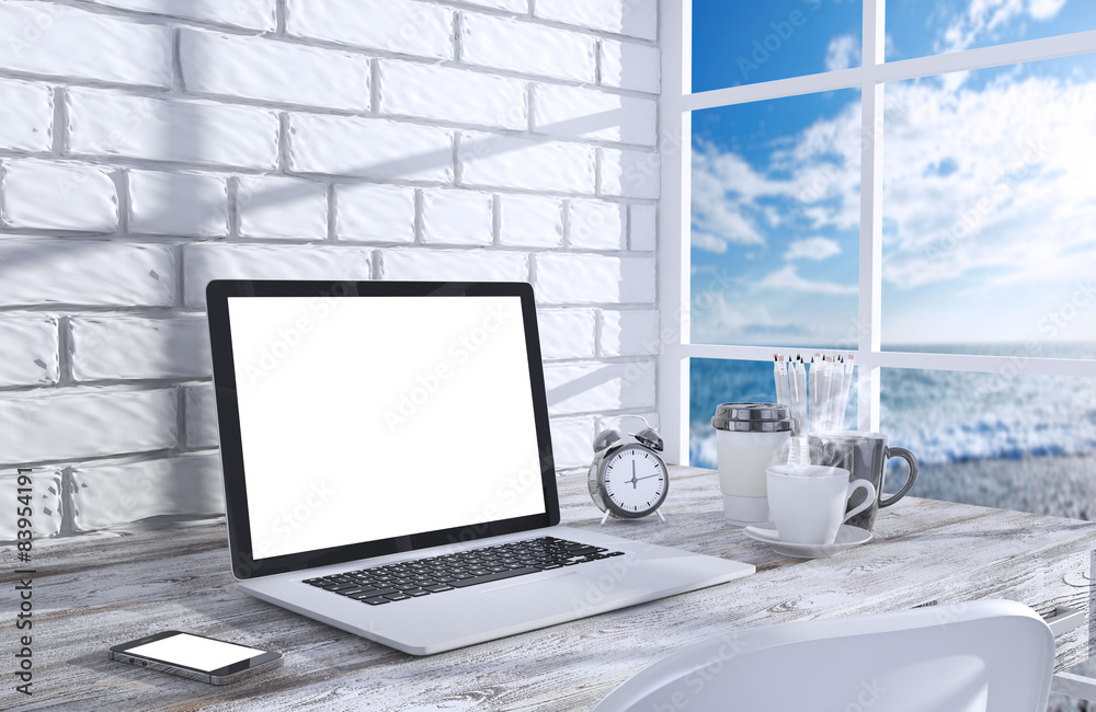 Fototapeta premium 3D illustration laptopand work stuff on table near brick wall