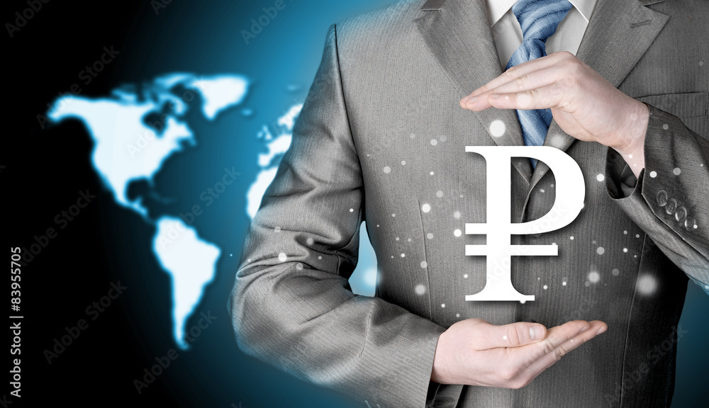 businessman protecting ruble symbol businessman protecting ruble symbol