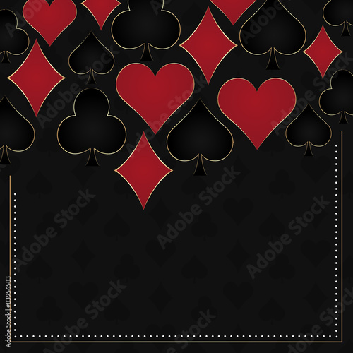 Poker dark vector background, card symbols and gold frame 