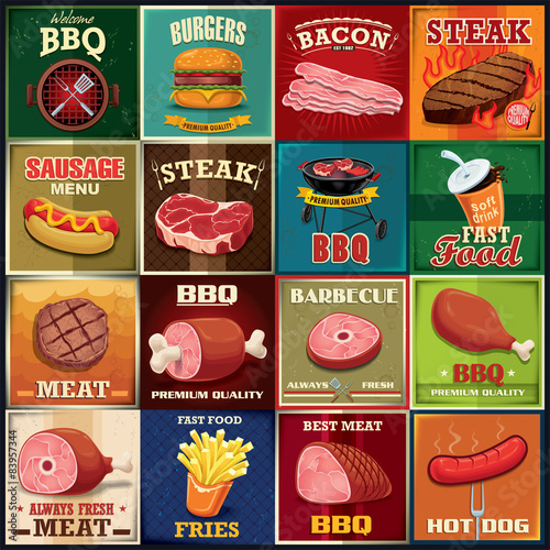 Vintage BBQ meat poster design set