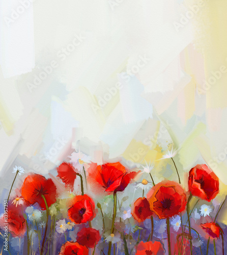Oil painting red poppy flowers.